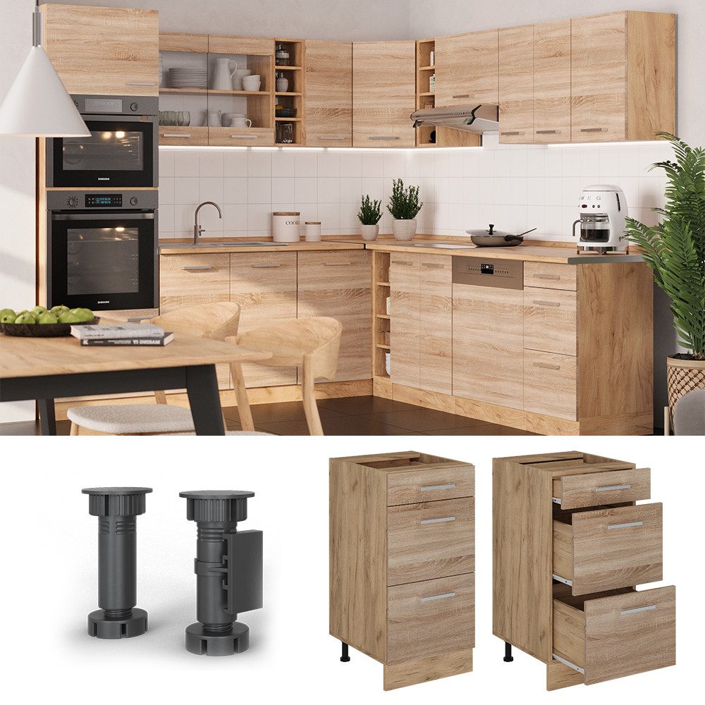 Vicco Unterschrank R-Line, Sonoma/Goldkraft Eiche, 40 cm mit Schubladen, ohne Arbeitsp... (1-St)
