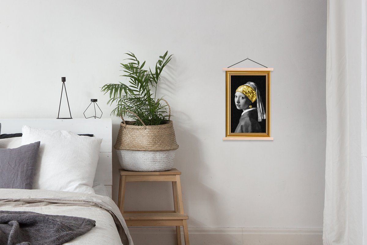 - - - Magnetisch Perlenohrring mit Posterleiste, Poster Wohnzimmer, MuchoWow Mädchen St), für Vermeer Gold Textilposter Bilderleiste, Rahmen, (1