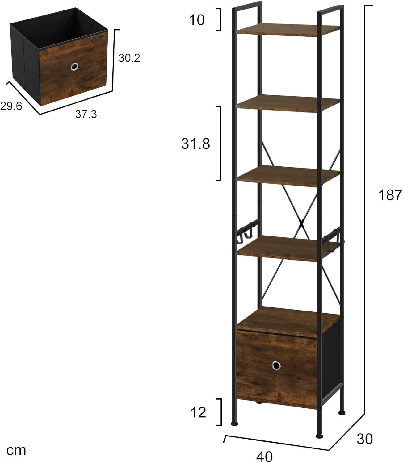 Woltu Standregal, mit 5 Ablagen 2 Schubladen, 63x187x30 cm, mit Metallrahmen