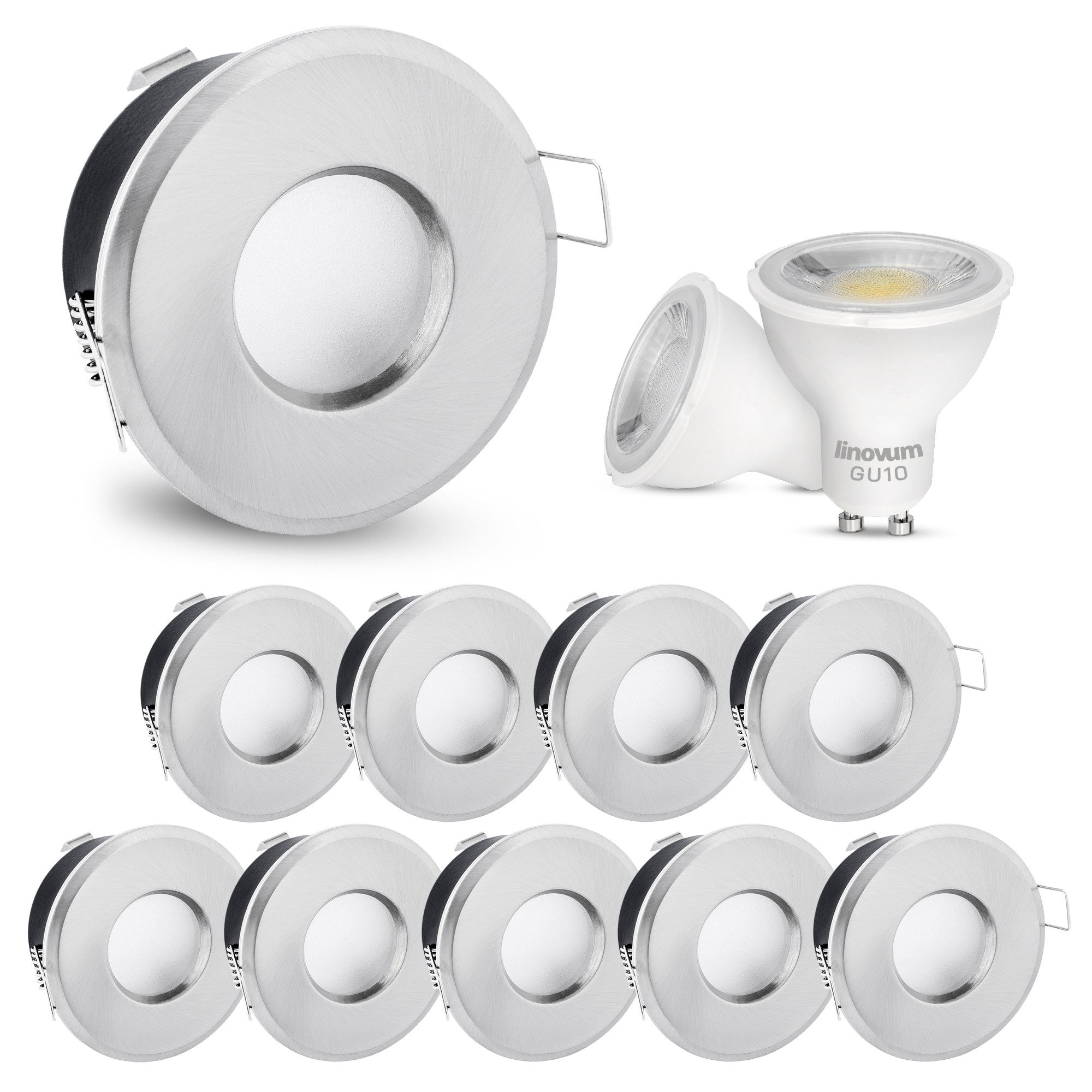 linovum LED Einbaustrahler 10x LED Einbaustrahler IP65 neutralweiß GU10 3W 230V Deckenlampe, Neutralweiß