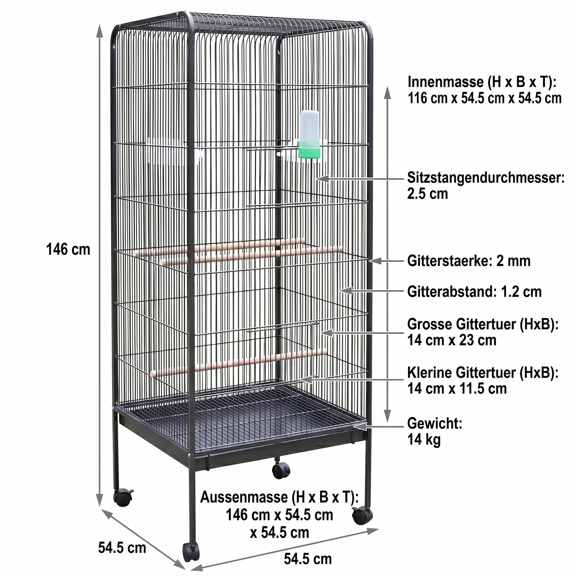 Mucola Voliere Vogelvoliere Metall Vogelkäfig Vogelhaus Tierkäfig Käfig Voliere, Maße Außen: ca. 146 cm x 54,5 cm x 54,5 cm (H x B x T)