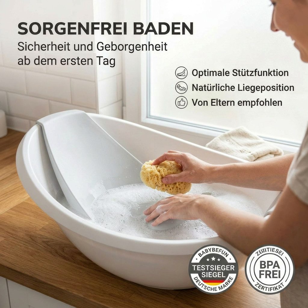 BabyBeFun Babybadewanne mit Badewanneneinsatz für Neugeborene, Rutschfeste Babywanne, Inkl. Safety-Pad