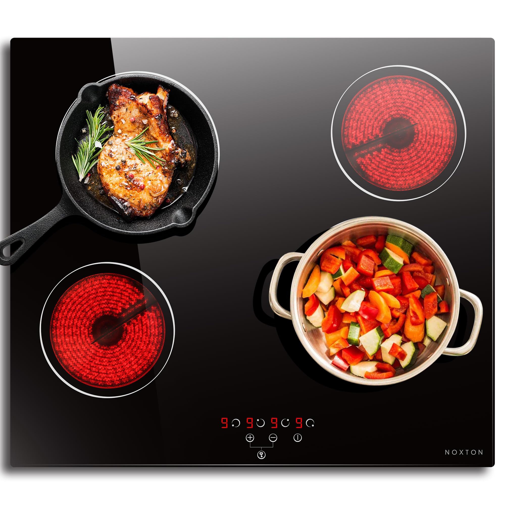 NOXTON Elektro-Kochfeld Autarkes Keramikkochfeld 60 CM, Glaskiramikkochfeld 4 Platten Einbau Herdplatte 4 Kochfelder Einbau mit Touch-Steuerung, Timer, Kindersicherung, 6000W