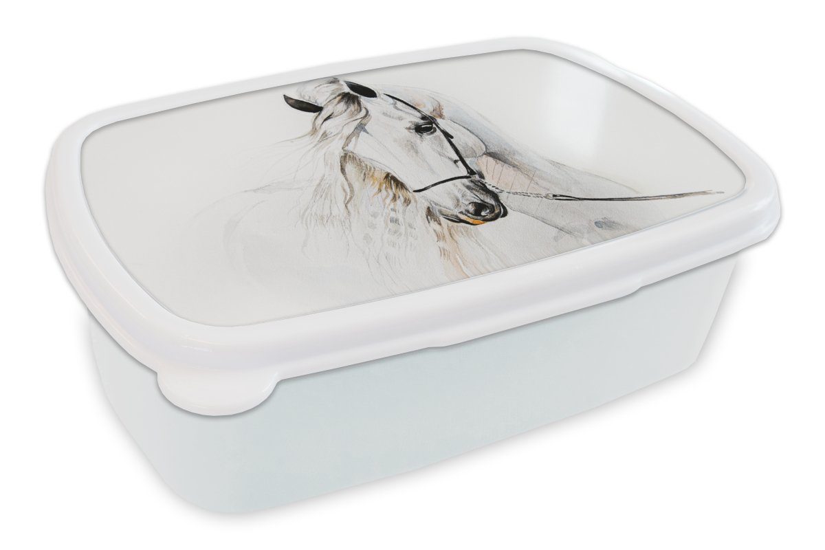 MuchoWow Lunchbox Pferd - Aquarell - Tiere - Weiß, Kunststoff, (2-tlg), Brotbox für Kinder und Erwachsene, Brotdose, für Jungs und Mädchen