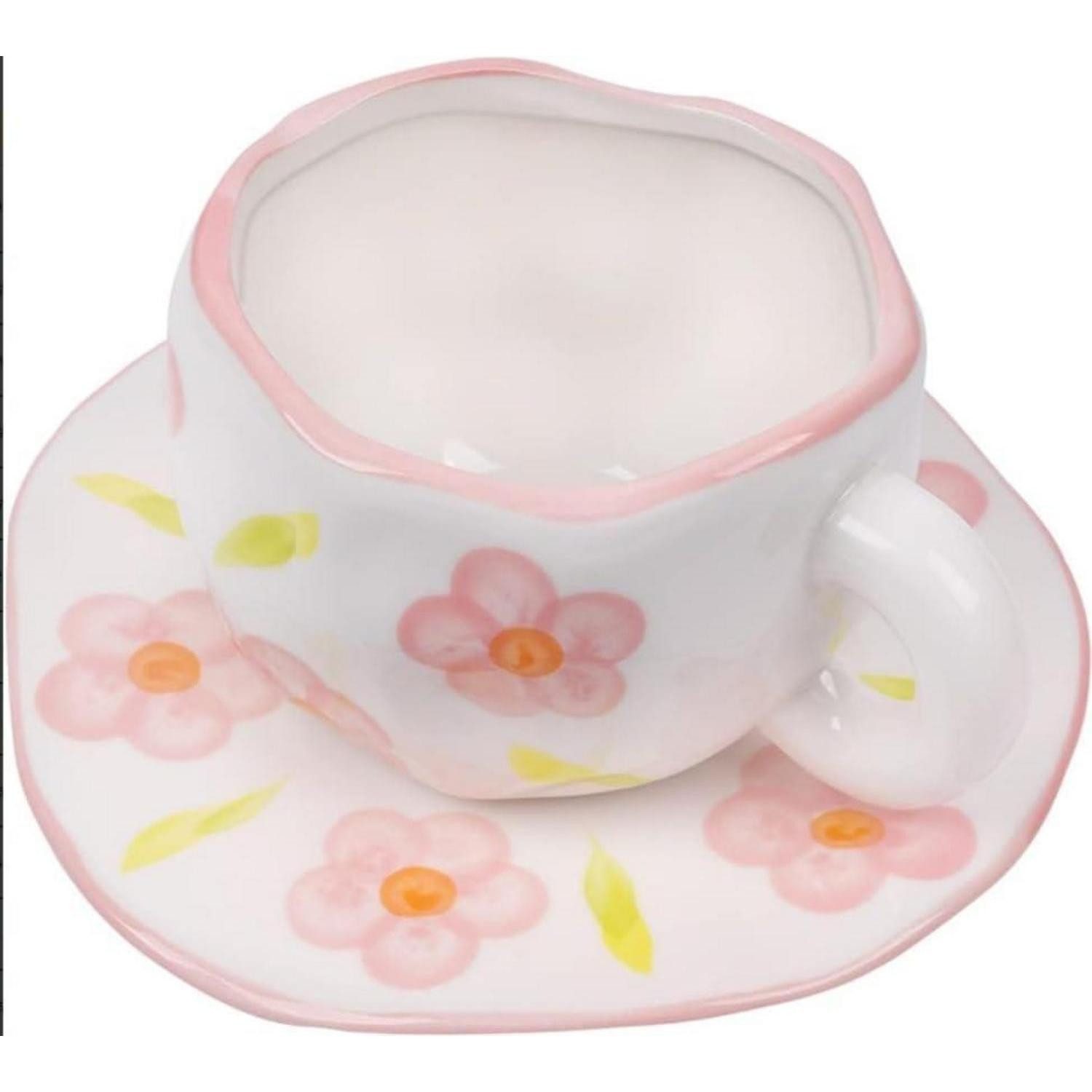 LuxusKollektion Tasse Kaffeetassenset mit Untertasse Rosa Blumen 300ml, Keramik