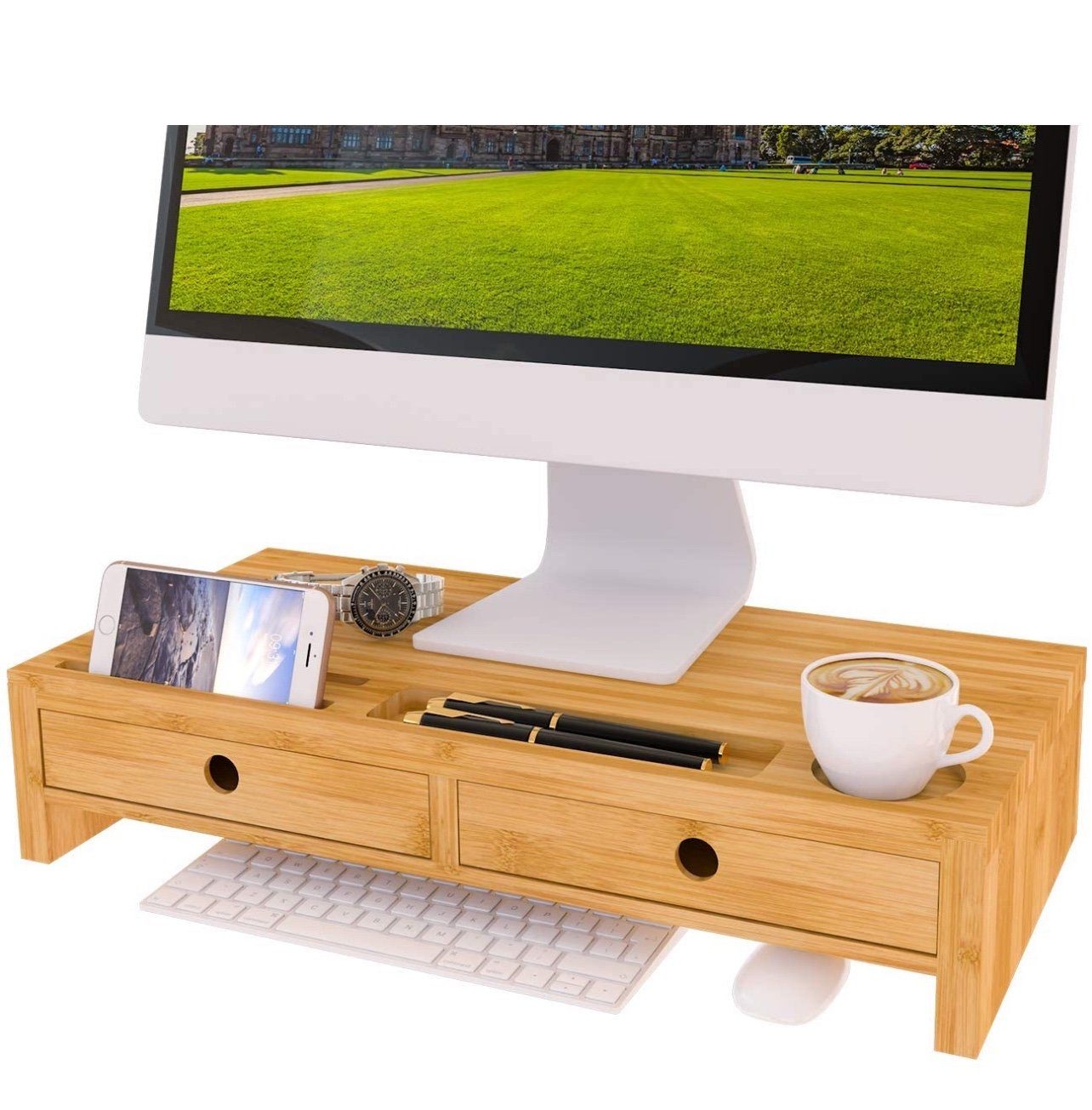 Bildschirmerhöhung Monitorständer Holz Monitor Erhöhung Bildschirmerhöher mit 2 Schubladen Monitor-Halterung