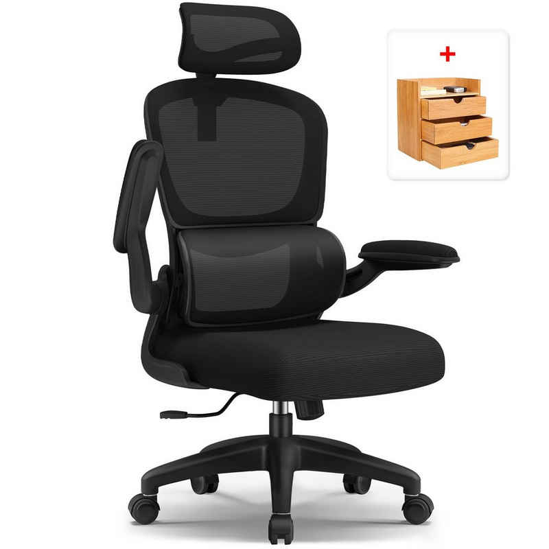 Daccormax Chefsessel Bürostuhl, Drehstuhl, Schreibtischstuhl, Chefsessel, Bürostuhl ergonomisch mit verstellbarer Kopfstütze, Armlehnen, Lendenwirbelstütze, Atmungsaktiver Netzstuhl, Wippfunktion von 90° bis 135°, Bürostuhl 150kg