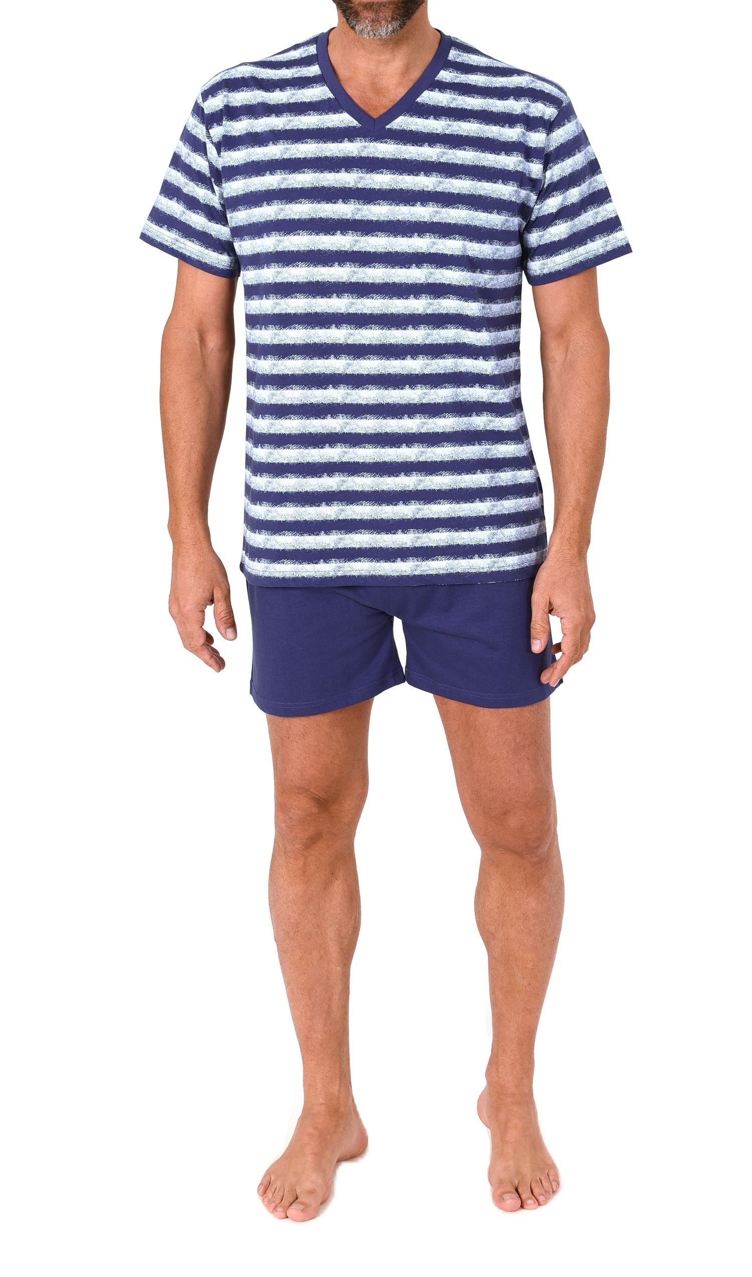 Pyjama Normann Herren kurzarm Schlafanzug Shorty in Streifenoptik und V-Hals