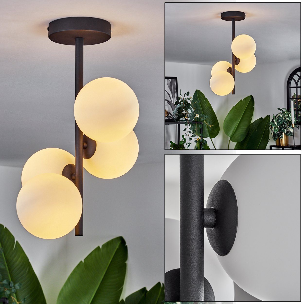 aus in im Retro-Design hofstein G9 Deckenlampe ohne Leuchtmittel Leuchtmittel, LED, Deckenleuchte 4 Schwarz/Milchglas, Metall/Glas Leuchte x Glas, ohne aus