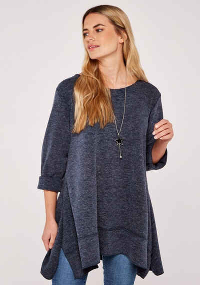 Apricot 3/4 Arm-Pullover Fuzzy Waterfall Necklace Top (2-tlg., mit Kette) mit Kette