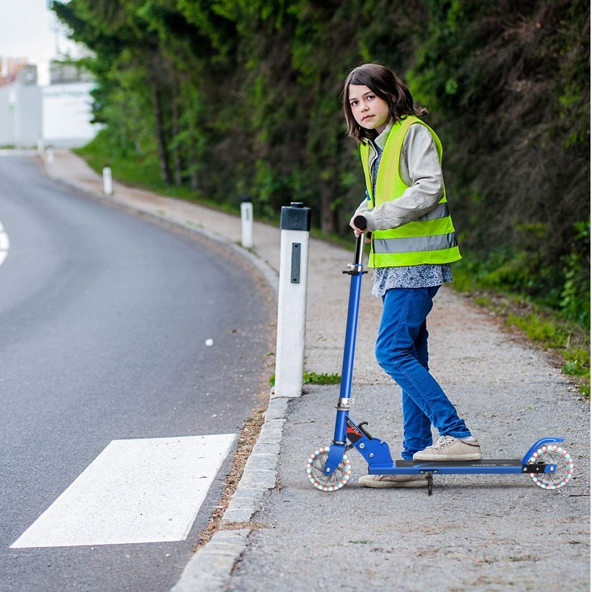 COSTWAY Cityroller, Scooter höhenverstellbar, klappbar, 2 LED Räder mit Blau