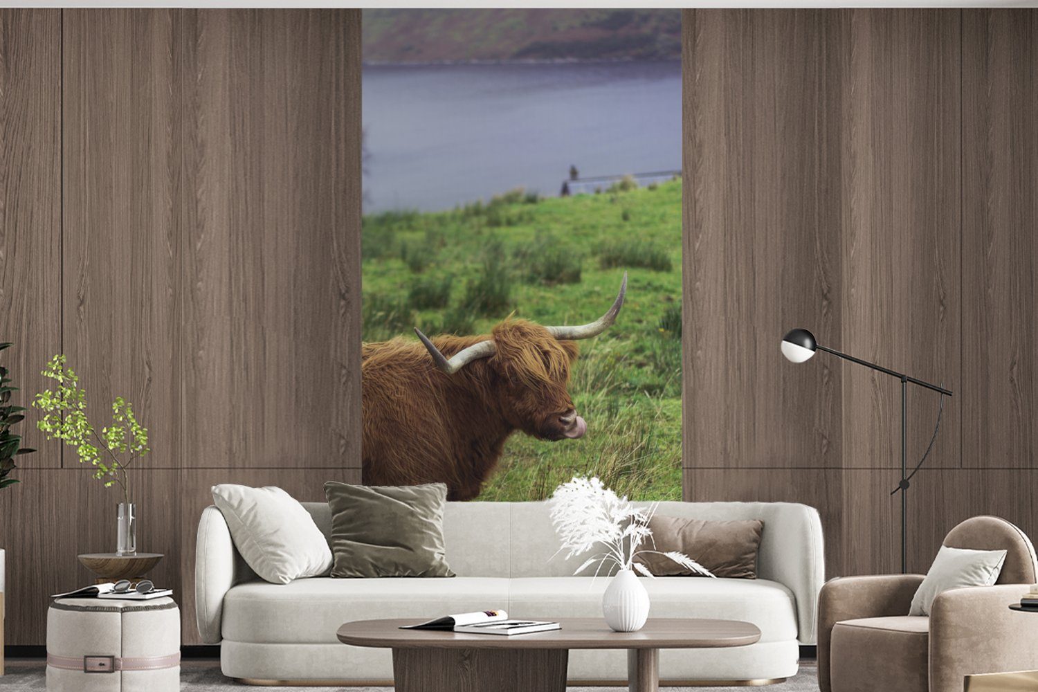 MuchoWow Fototapete Schottische Highlander - Wohnzimmer Vliestapete bedruckt, Gras Schlafzimmer Wasser Fototapete Küche, Tiere, Matt, - - (2 für St)