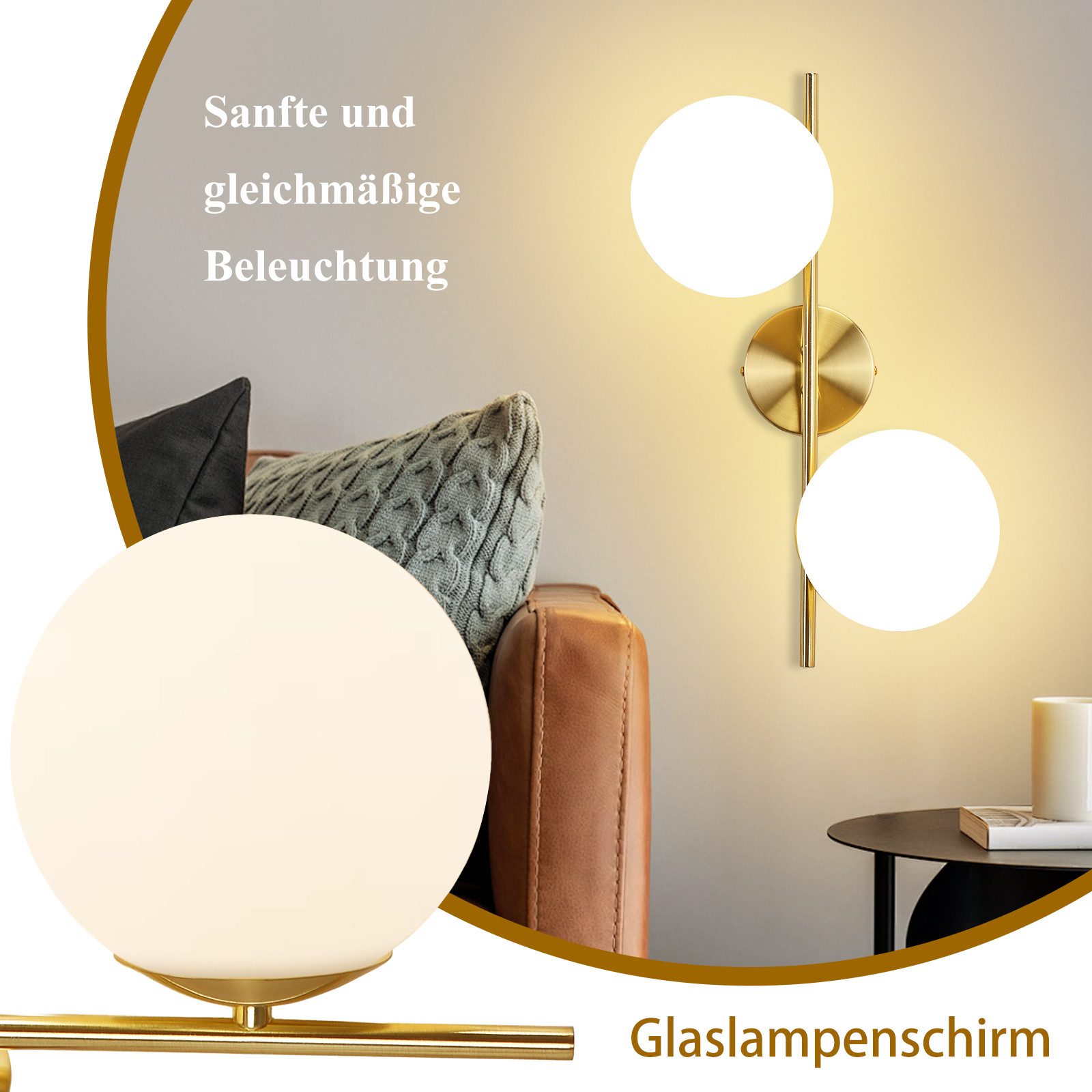 ZMH Wandleuchte Innen Modern Gold Wandlampe Glas Lampenschirm E27 Schlafzimmer Flur, Einfache Installation, ohne Leuchtmittel