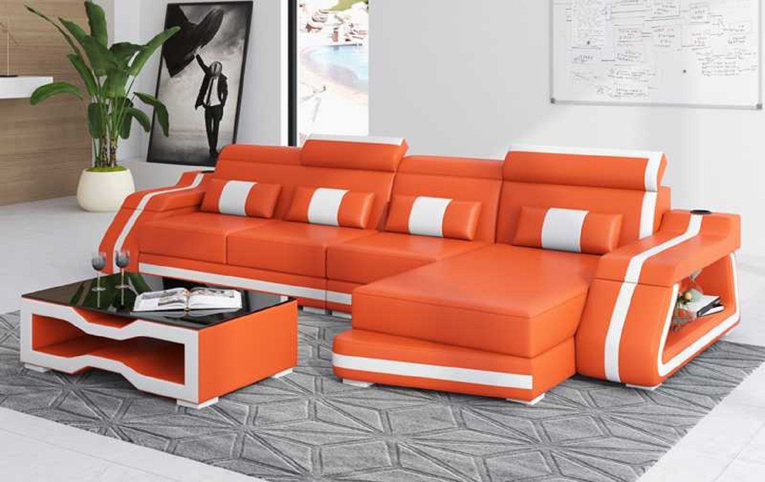 JVmoebel Ecksofa Modern Ecksofa L Form Liege Ledersofa Kunstleder Sofa Couchen, 3 Teile, Made in Europe Orange