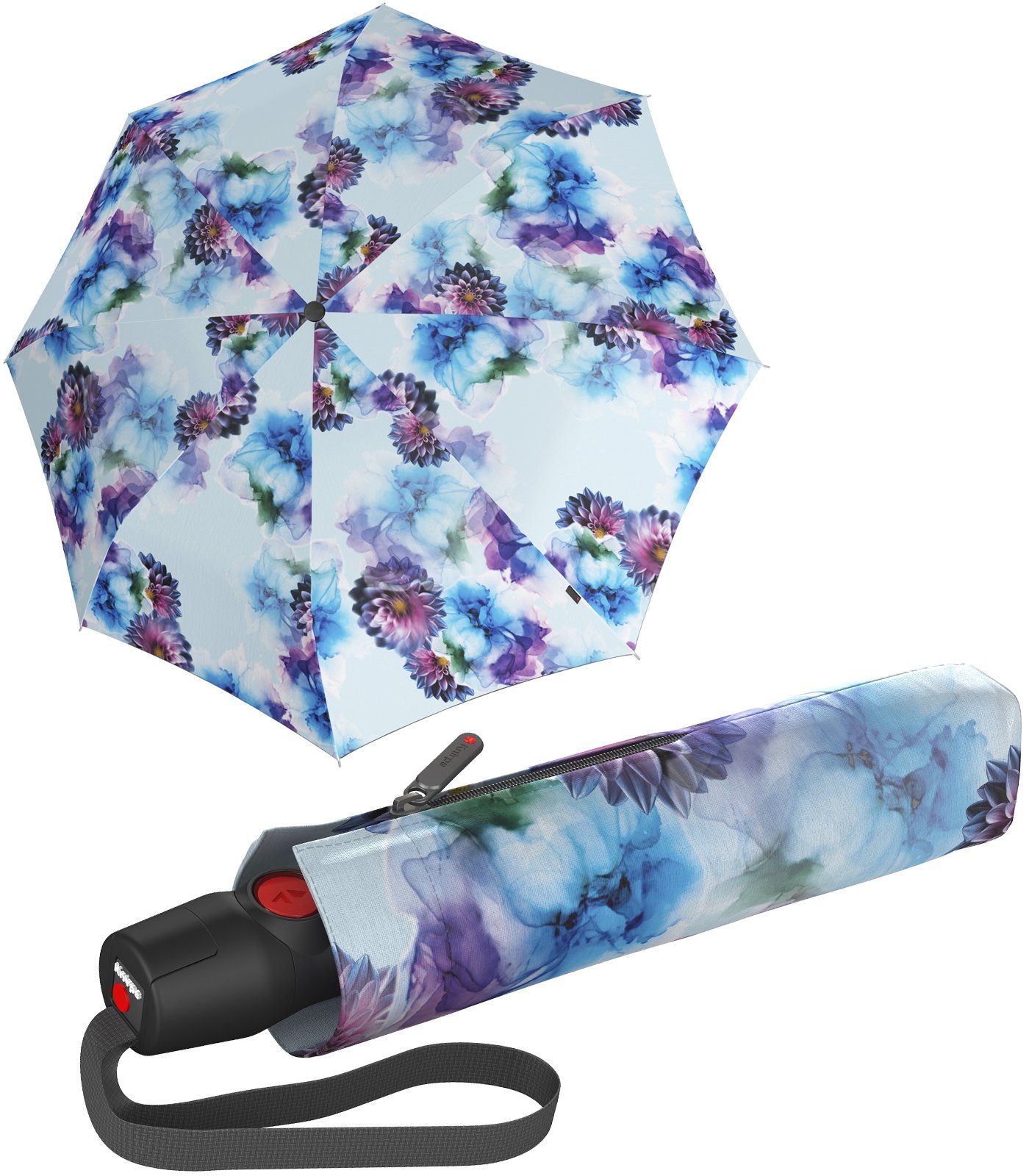 Knirps® Taschenregenschirm T.200 Damen-Schirm mit Auf-Zu-Automatik, blau-lila mit schönem Blumen-Design