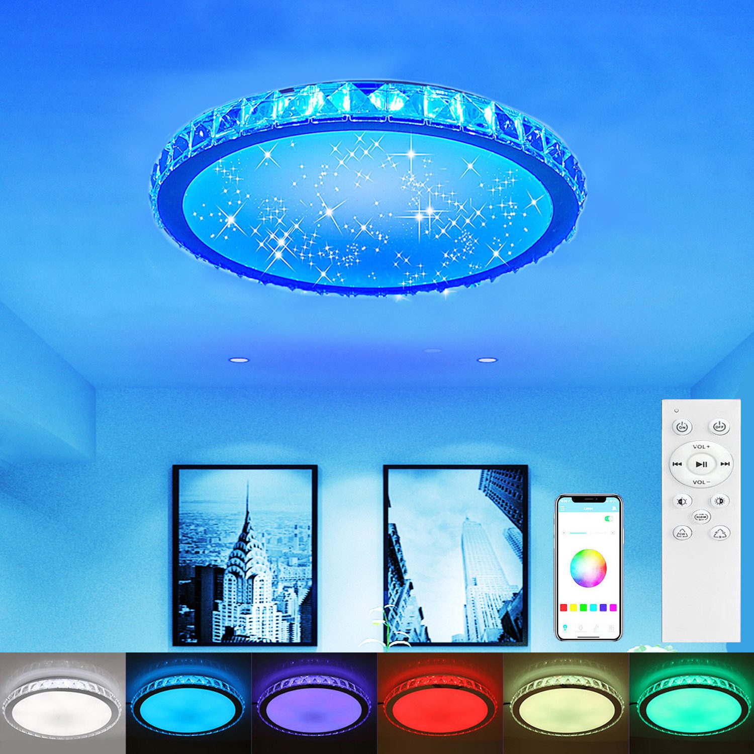 oyajia Deckenleuchte 40cm Smart WIFI RGB LED Deckenleuchte Dimmbar Sternenhimme Deckenlampe, LED fest integriert, RGB, Kristall Deckenlampe,Dimmbar mit Fernbedienung oder APP-Steuerung