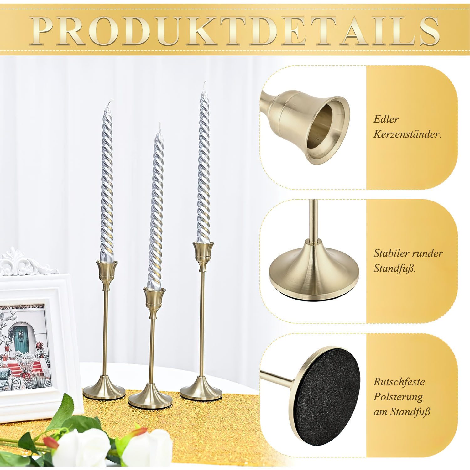 HEYHIPPO Kerzenständer Vintage Kerzenständer Tisch Candlelight Dinner Dekoration 3er Set (passend für runde Kerzen mit 2 cm Durchmesser, Drei Größen, 2,2 cm Durchmesser), Goldener konischer Kerzenhalter, Tischdekoration mit langem Griff