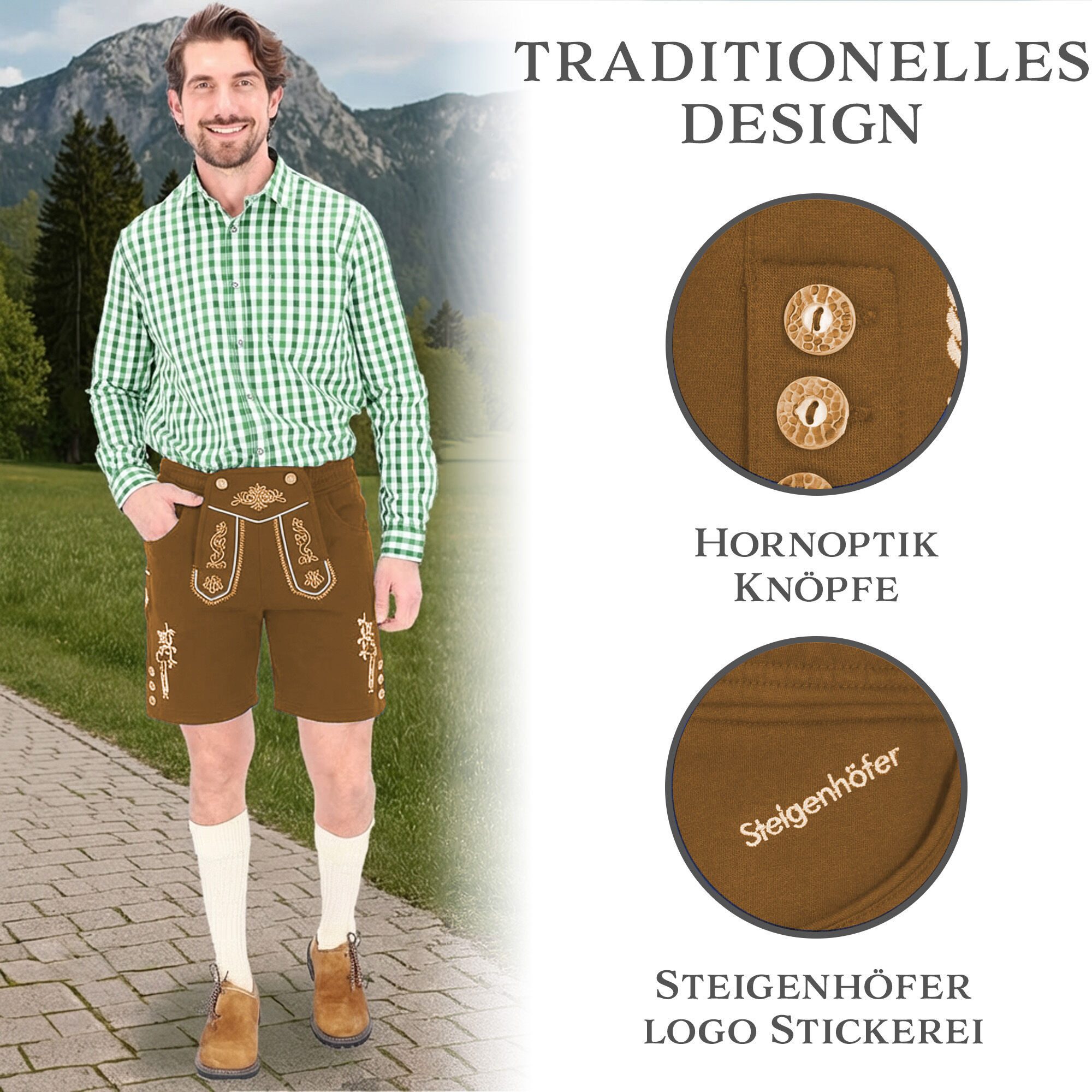 Steigenhöfer Manufaktur Jogginghose "MORITZ" kurze Jogginghose im Lederhosen Look Herren Tracht für Oktoberfest Wiesn und weitere Feierlichkeiten
