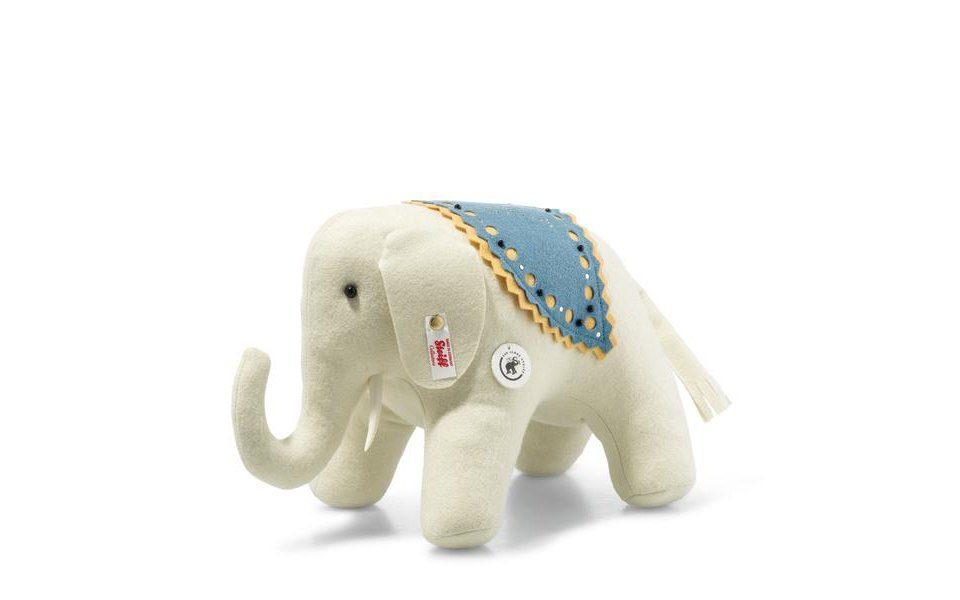 Steiff Dekofigur Filzelefäntle 29 cm weiß/blau/gelb 006173 Stoffelefant