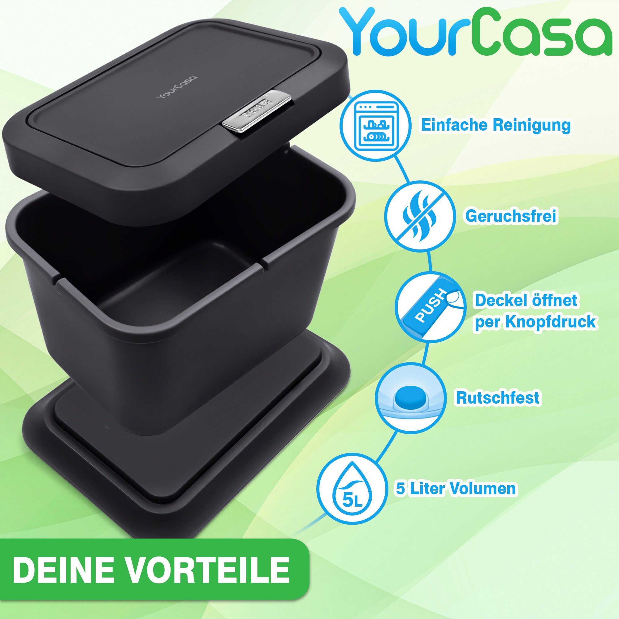 YourCasa Biomülleimer Küche 5L - Deckel mit Knopfdruck-Mechanismus- Komposteimer, Deckel mit Knopfdruck-Mechanismus, Antirutsch