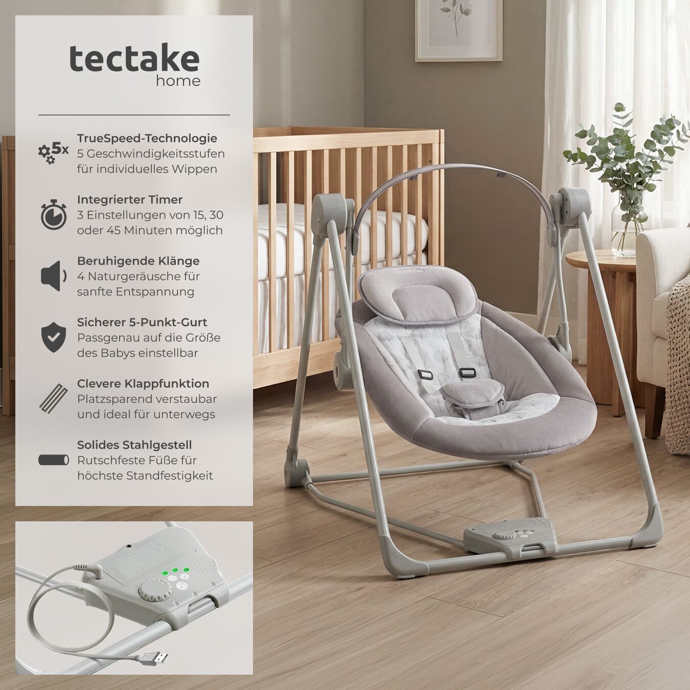tectake Babyschaukel klappbare elektrische Schaukel mit Timer und 5 Geschwindigkeiten, 5 beruhigende Naturgeräusche und Spielebogen