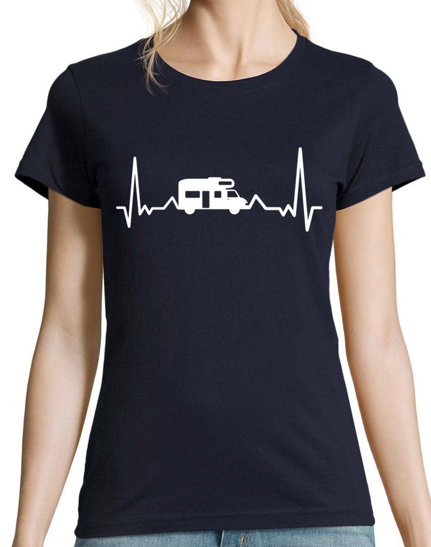 Designz Navyblau lustigem Camping Frontprint mit Damen Youth Shirt T-Shirt Herzschlag Capming