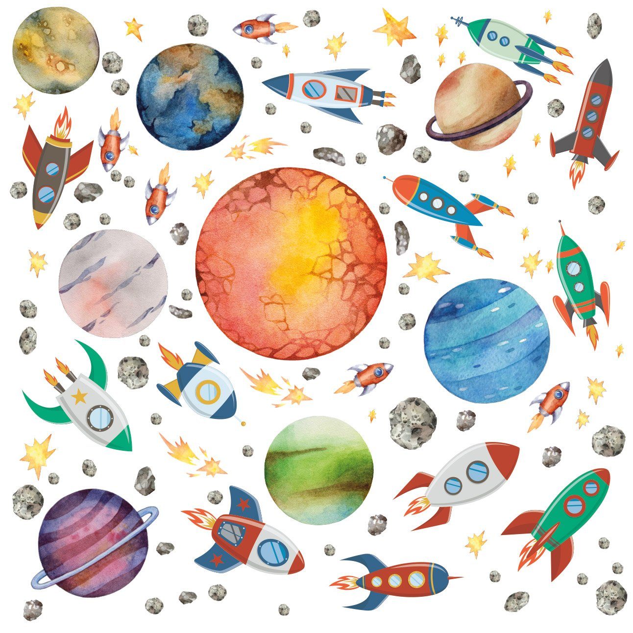 Sunnywall Wandtattoo XXL Rakete Space Ufo Weltraum Wandtattoo Set Kinderzimmer Aufkleber