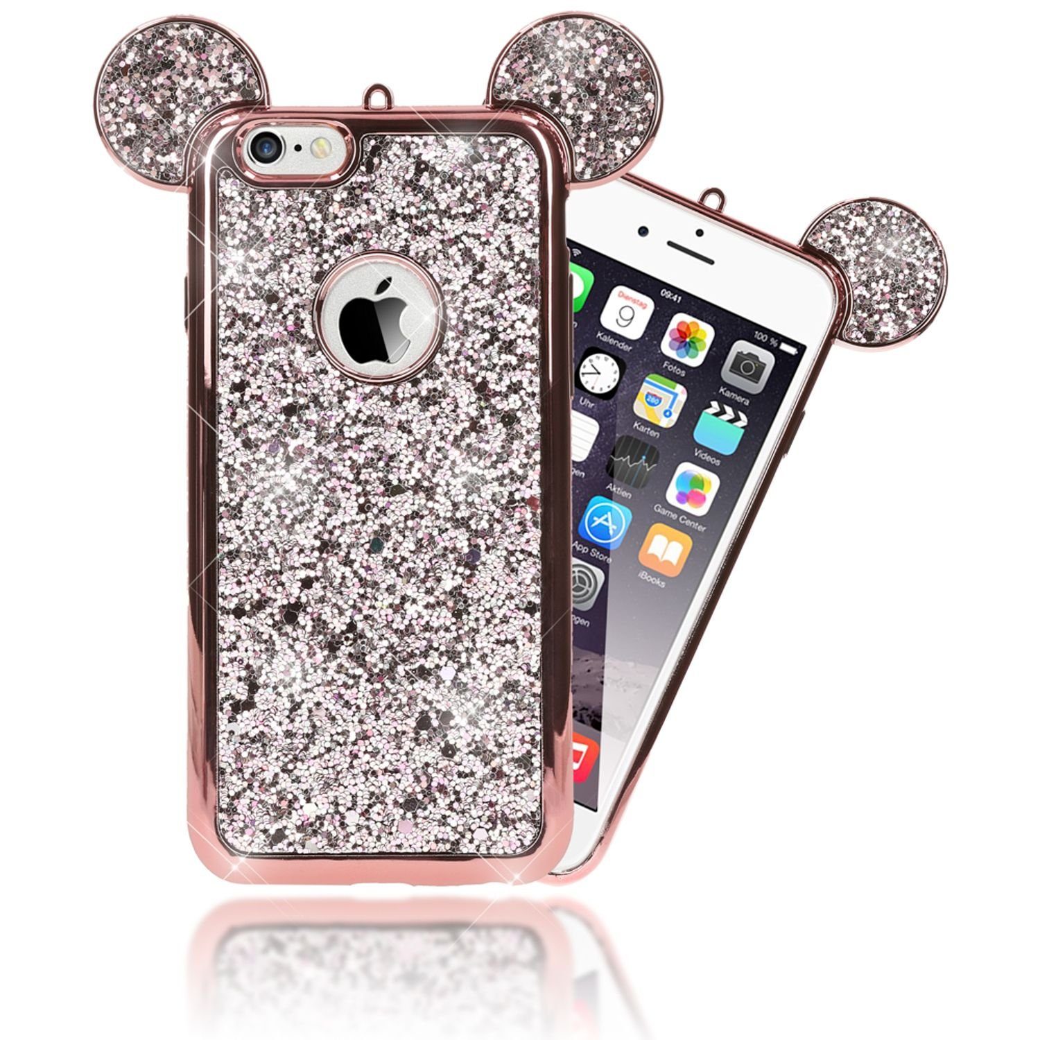 Nalia Smartphone-Hülle Apple iPhone 6 Apple iPhone 6s, Glitzer Mouse-Look  Silikon Hülle / Glitter Case mit Maus Ohren / Pailletten Schutzhülle /  Flexibel / Strass Bling Etui / Slim Glamour Cover /
