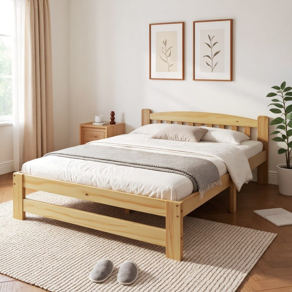MODFU Holzbett mit Kopfteil und Lattenrost, Futonbett, Doppelbett (Kinderbett Funktionsbett, 140x200 cm), ohne Matratze