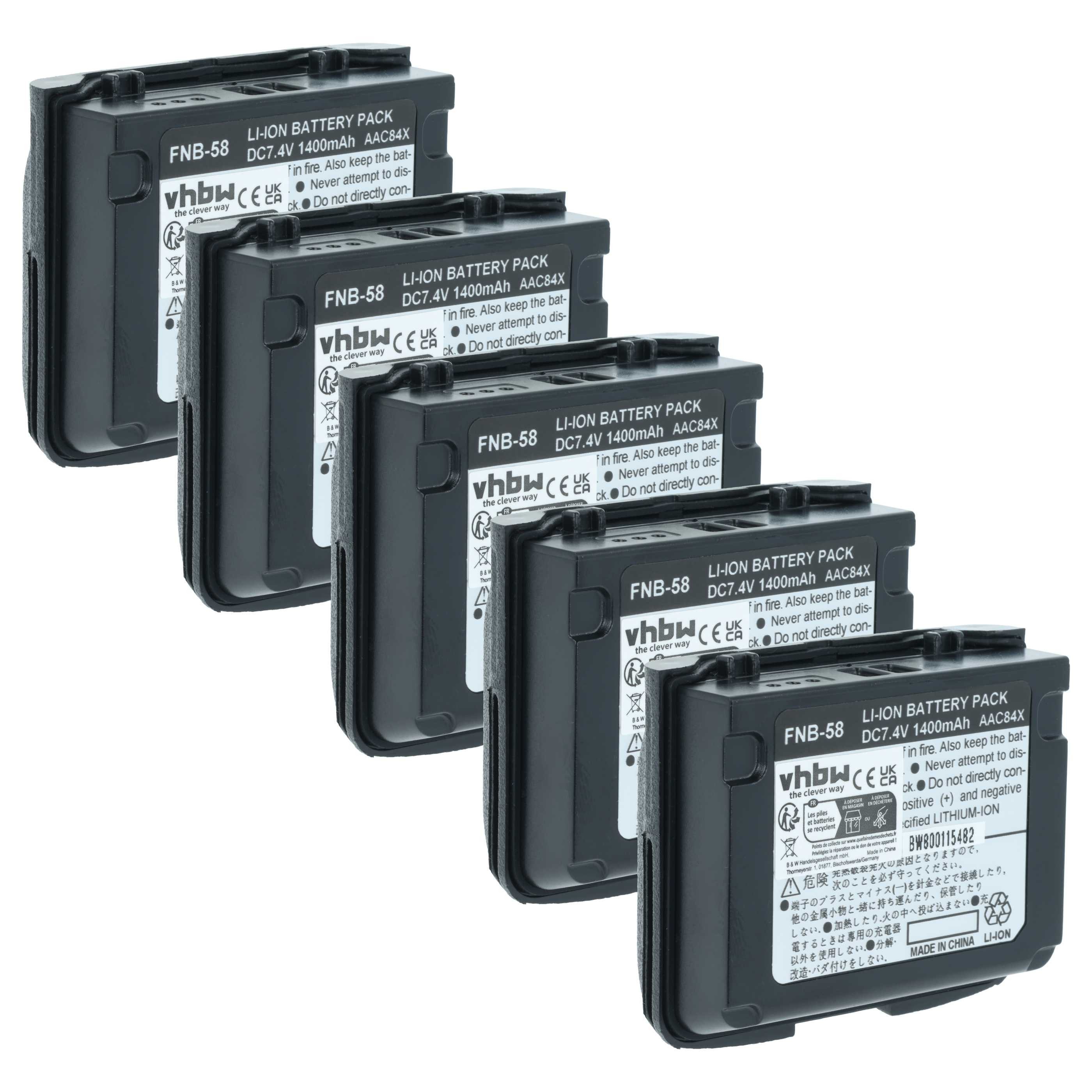 vhbw Akku Ersatz für Yaesu Vertex FNB-58, FNB-80Li, FNB-58Li, FNB-80 für Akku Akku Li-Ion 1400 mAh (7,4 V, 5 St), Leistungsfähige Austausch-Akkus für Ihr Funkgerät, Walkie-Talkie