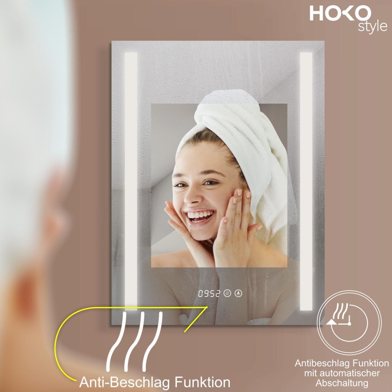 HOKO Badspiegel LED Design Wandspiegel 50x70/60x80cm+Digital Uhr+LED Wechsel (Warmweiß - Kaltweiß - Neutral. Licht mit Touch Schalter und mit Wandschalter einsc – Bild 5 von 5
