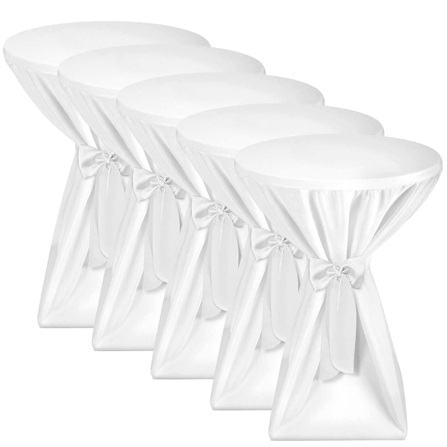 Beautissu Stehtischhusse 5X Premium Stehtischhusse Blickdicht Weiß Ø 60-65 cm, Bügelfrei & 40°C Waschbar Stehtischüberzug mit Schleifenband