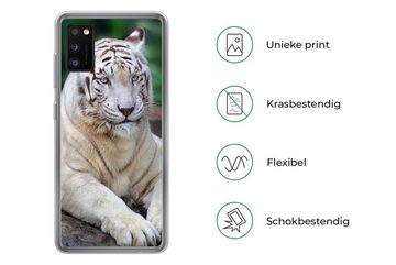 MuchoWow Handyhülle Weißer Tiger - Baumstamm - Wald, Handyhülle Samsung Galaxy A41, Smartphone-Bumper, Print, Handy