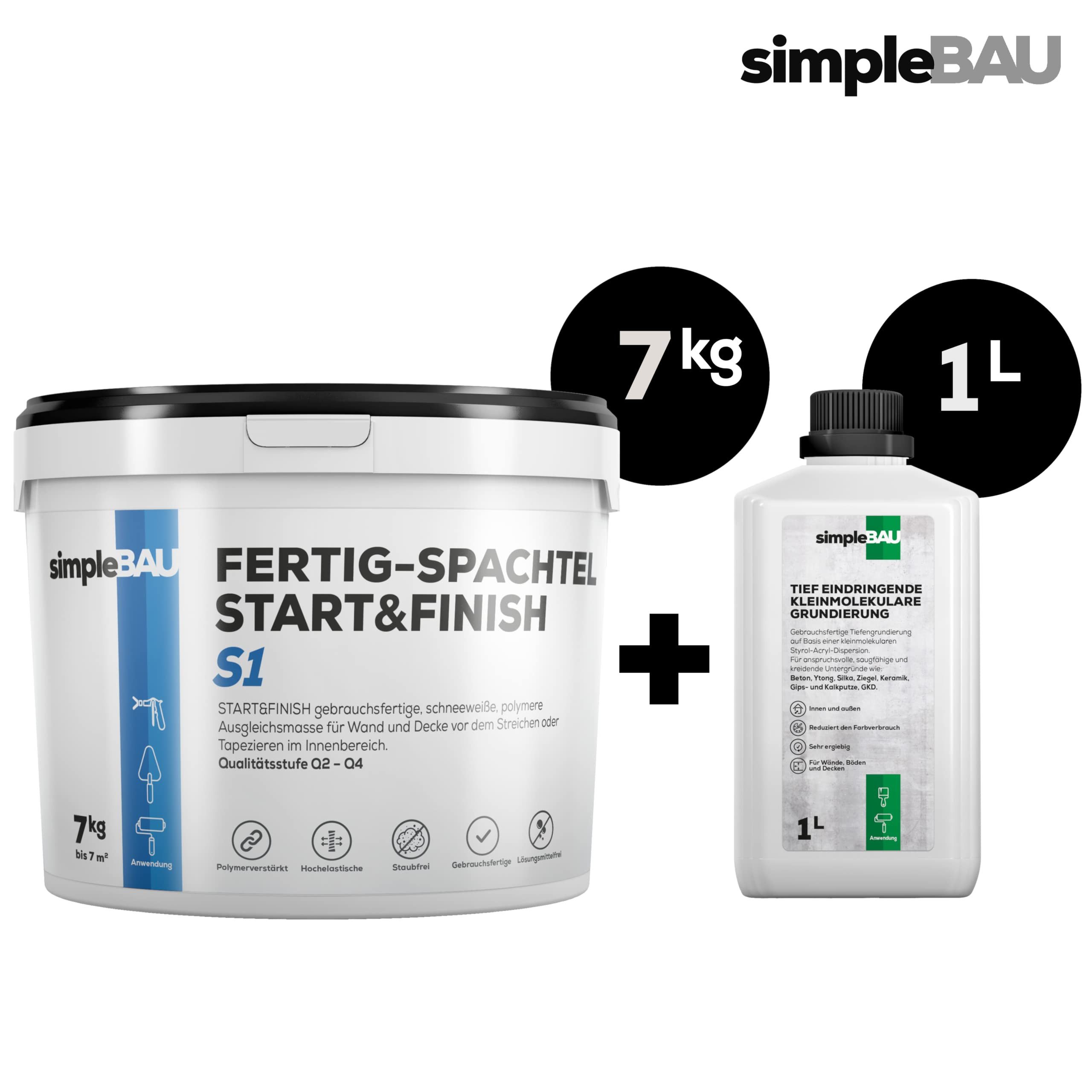 simpleBAU Spachtelmasse Spachtelmasse Weiß Innen 7 KG + 1L Tiefengrund gebrauchsfertig