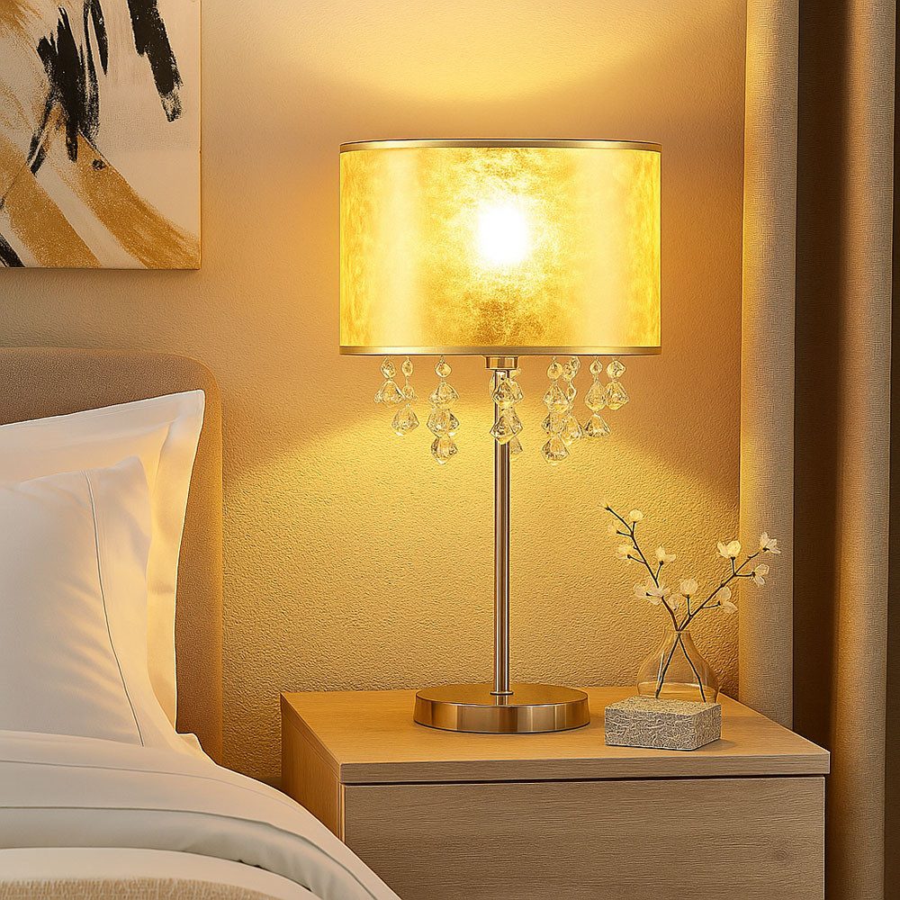 GLOBO LIGHTING LED Tischleuchte, Leuchtmittel inklusive, Warmweiß, Tisch Lampe Stoff Nacht Licht Blatt Gold Design Kristalle Steh