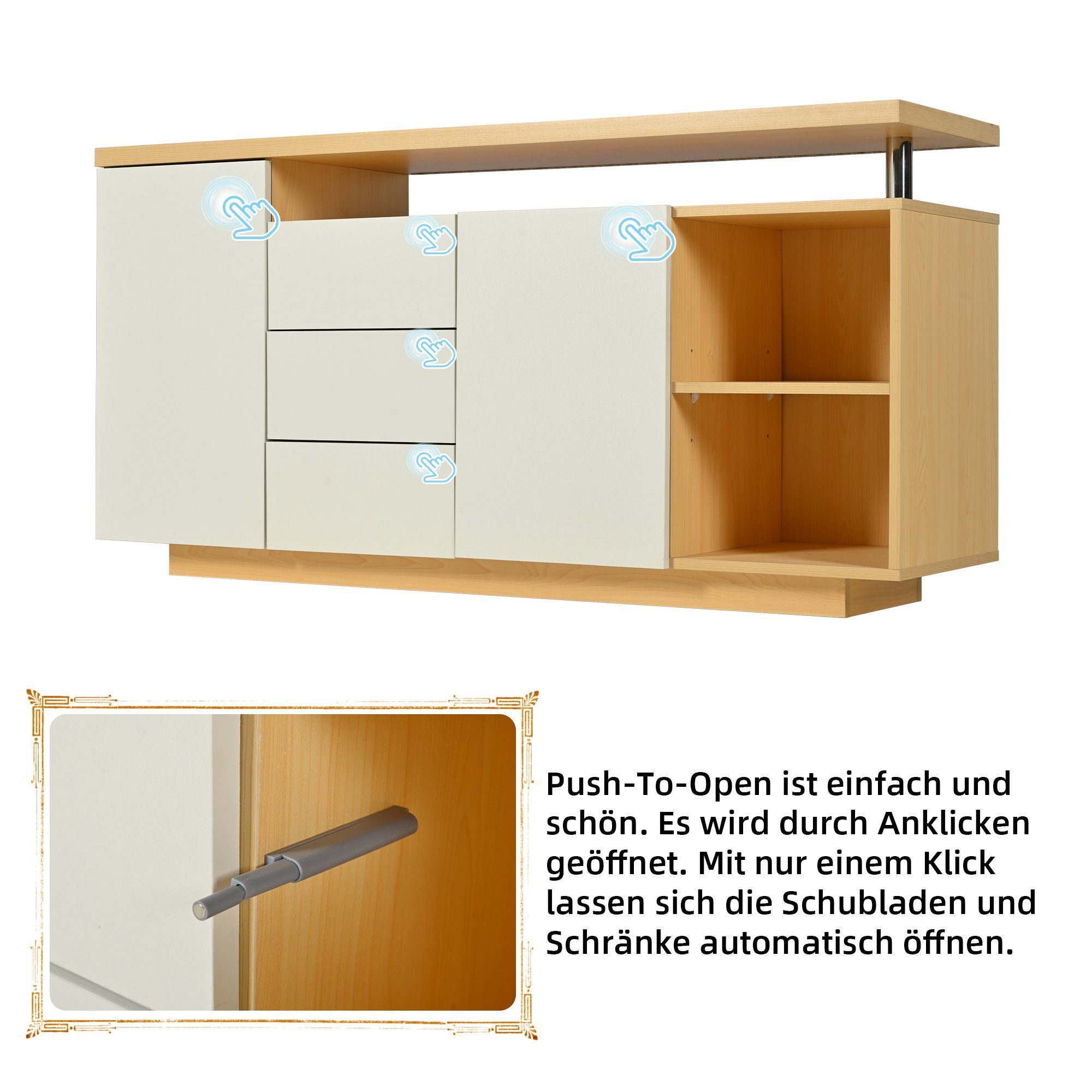 Merax Sideboard mit 3 Schubladen und 2 Türen, Kommode mit verstellbaren Einlegböden und offenen Fächer,Anrichte – Bild 2 von 5