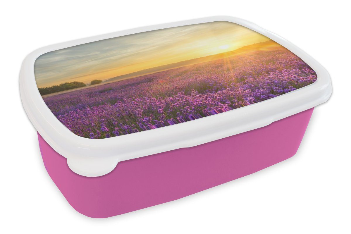 MuchoWow Lunchbox Lavendel - Sonnenuntergang - Bäume - Lila, Kunststoff, (2-tlg), Brotbox für Erwachsene, Brotdose Kinder, Snackbox, Mädchen, Kunststoff rosa