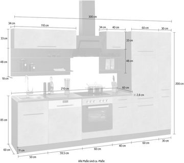 HELD MÖBEL Küchenzeile Tulsa, ohne E-Geräte, Breite 300 cm, schwarze Metallgriffe, MDF Fronten