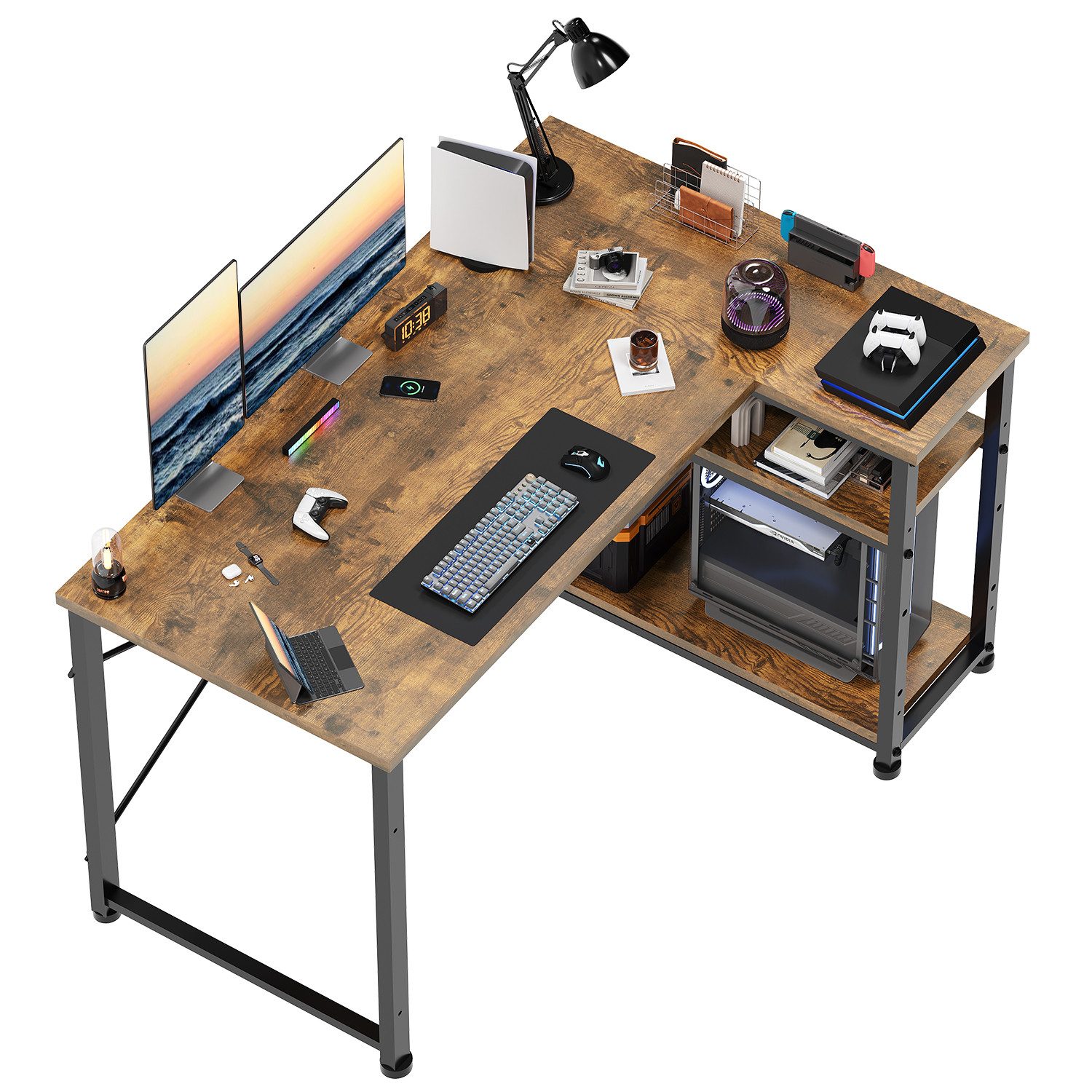 Eckschreibtisch 110/140L Form mit Ablagefächern, 2 Tier DIY Lagerregalen Computertisch