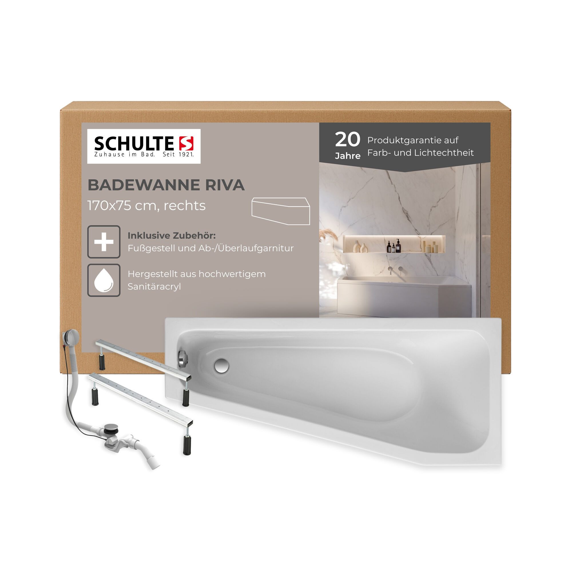 Schulte Badewanne Riva, asymmetrische Form, Sanitäracryl, Weiß, (Komplett-Set, inkl. Fußgestell und Ablauf), Version rechts, 170x75 cm