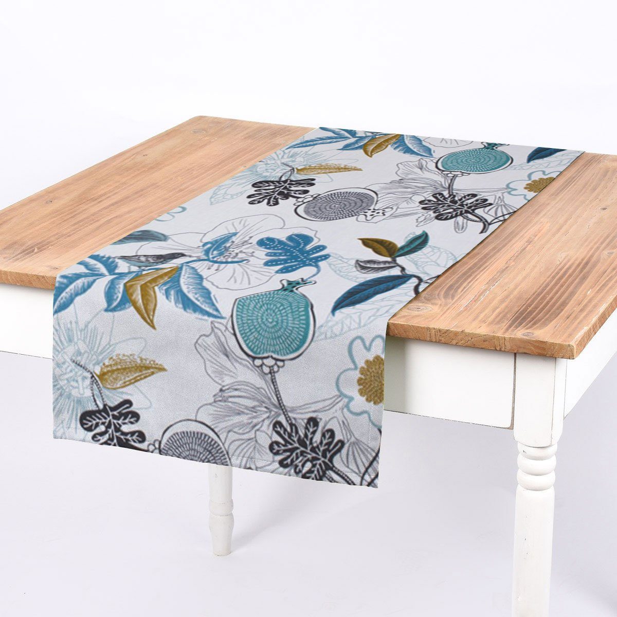 SCHÖNER LEBEN. Tischläufer SCHÖNER LEBEN. Tischläufer Blumen Vogel weiß blau grün schwarz, handmade | Tischläufer