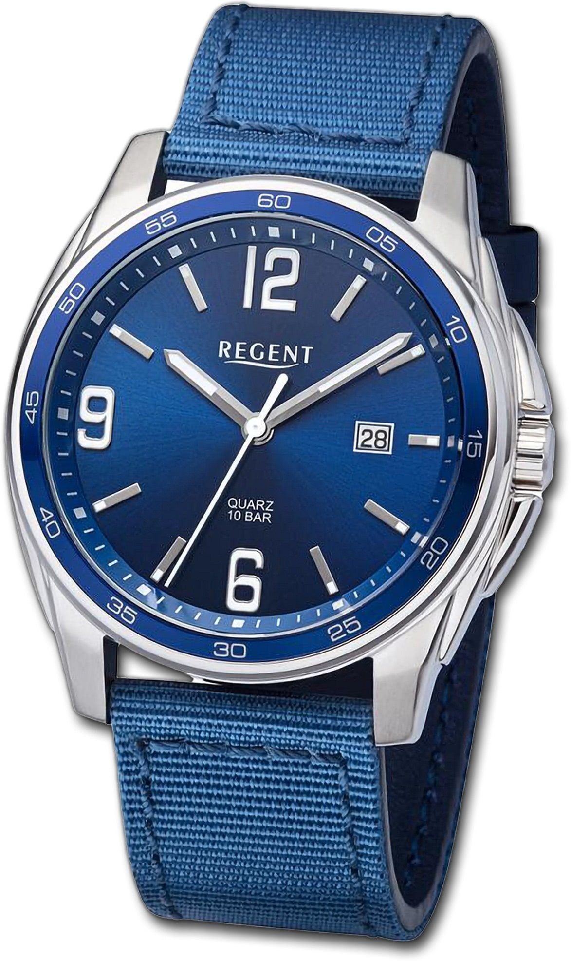 Neue Ware mit Bonus Regent Quarzuhr Regent Gehäuse, Herrenuhr Textilarmband 41mm) Herren blau, extra Armbanduhr groß rundes (ca. Analog