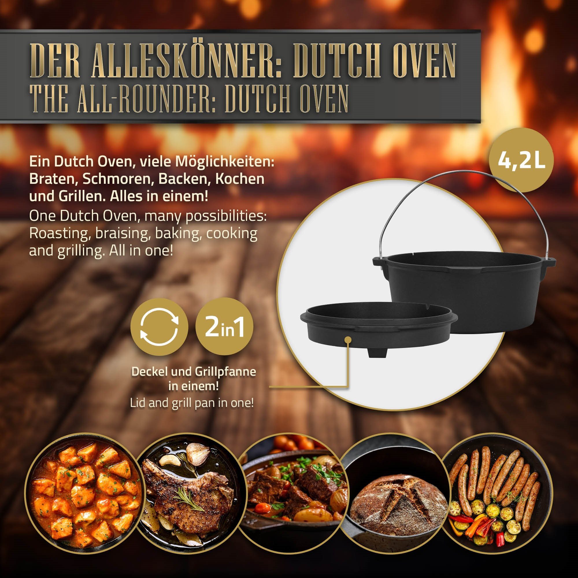 BBQ Boss Feuertopf Dutch Oven BBQ Kochtopf Gusseisen Set Schlitz für mit BBQ Schmortopf Grilltopf, Feuertopf Set Deckelheber Liter 4,2 Themormeter