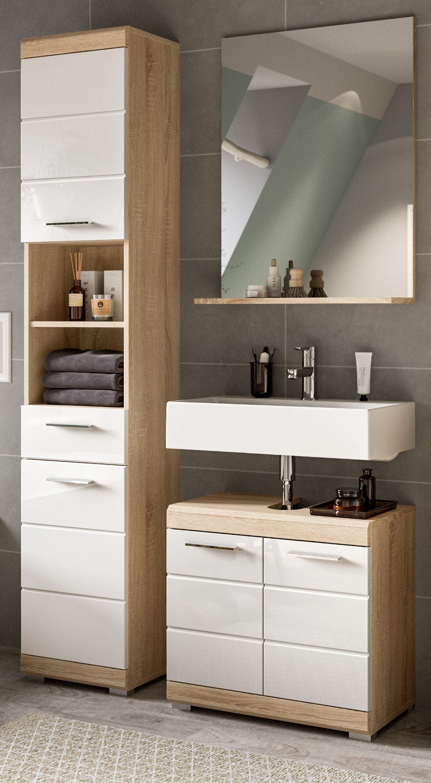 Inn.Furn Badmöbel-Set Mambo, (Badezimmer in weiß Hochglanz und Sonoma Eiche, 3-teilig, 112 x 191 cm), viel Stauraum auf wenig Fläche