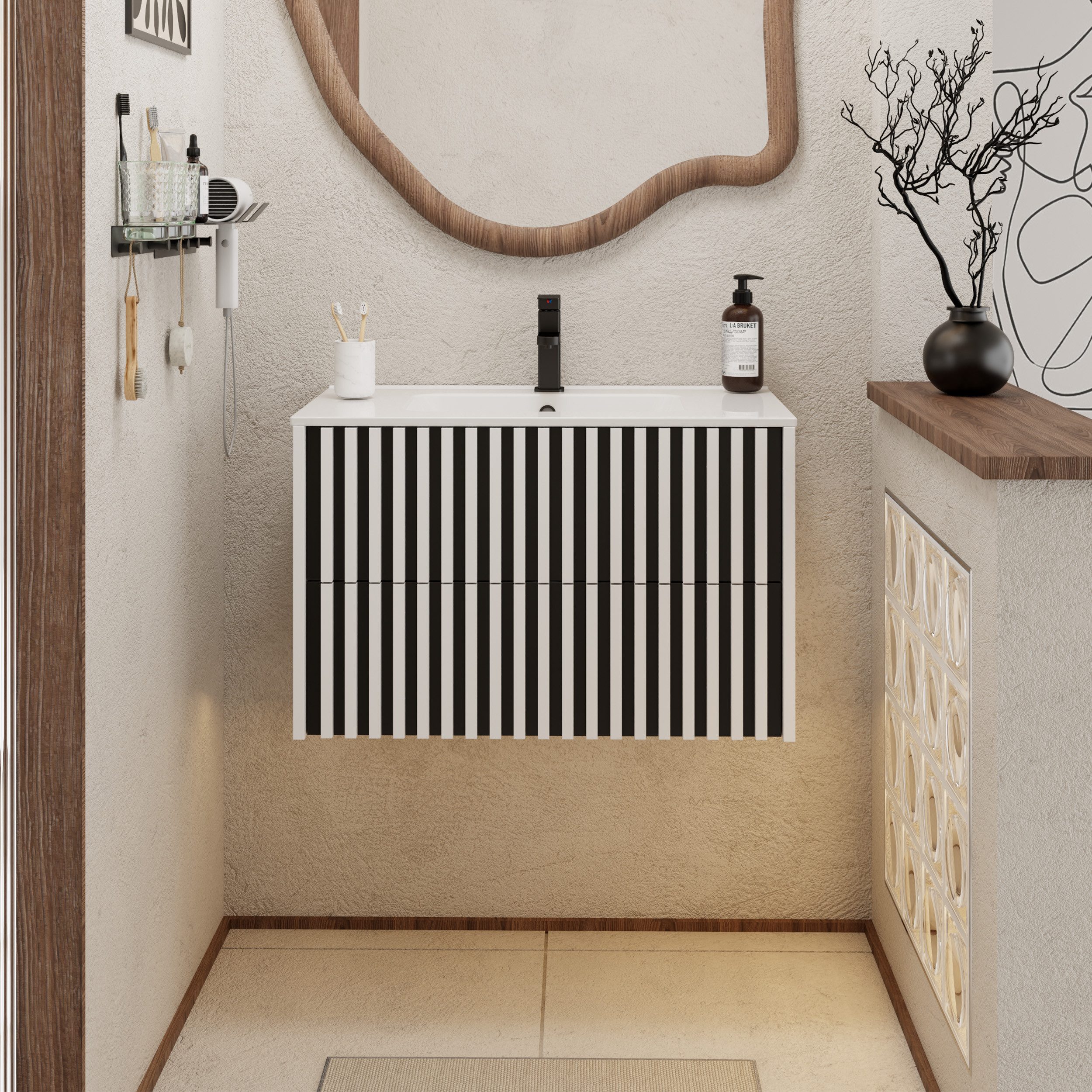UEV Waschtisch Waschbecken mit Unterschrank set Badmöbel Gäste-WC (mit Wasserhahn und Pop-up-Ablassventil, Soft-close Schubladen,Waschbeckenunterschrank mit 2 Schubladen), Badezimmmer Schrank für Gäste WC, Komplett-Set Badmöbel