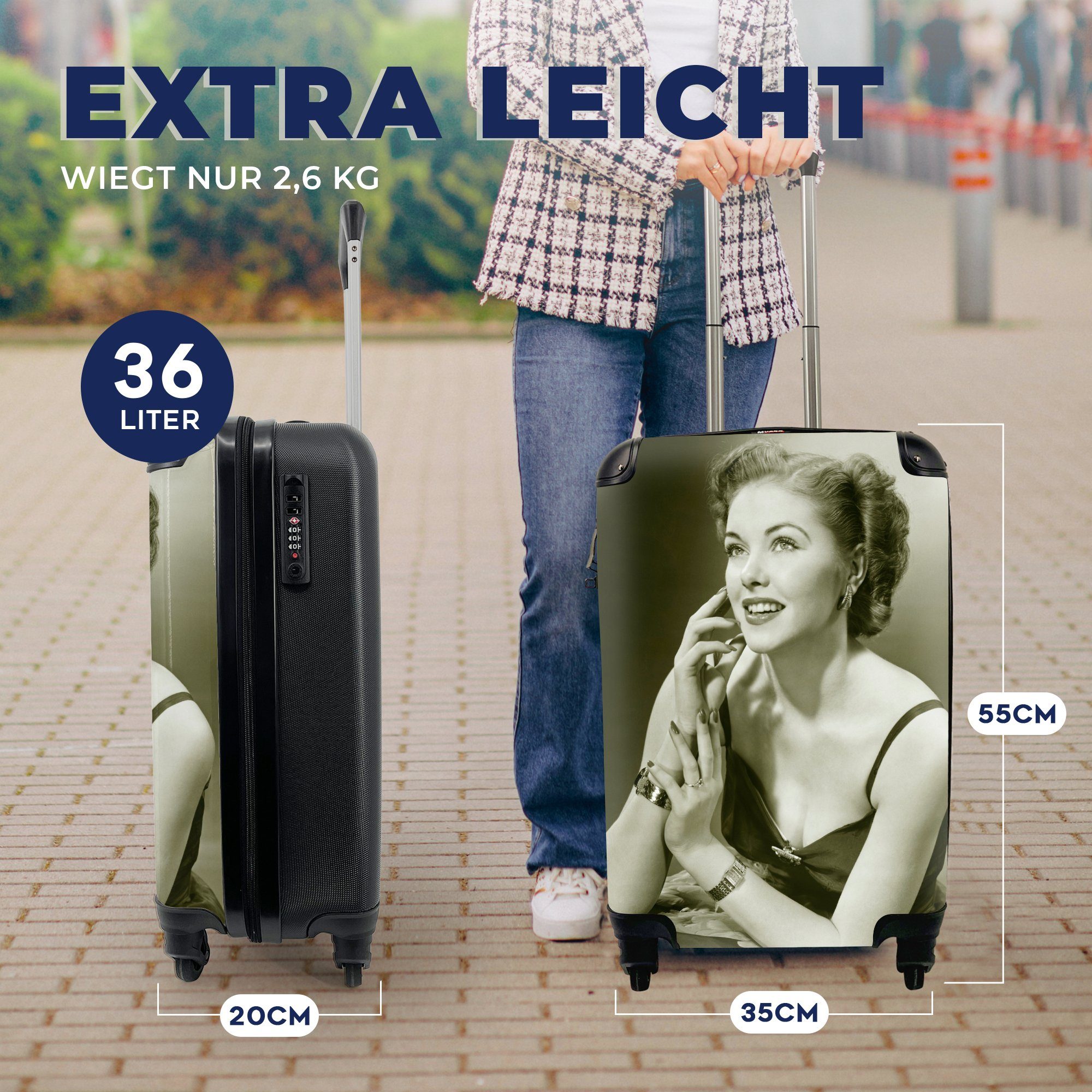 Handgepäckkoffer Trolley, einer Ferien, Frau, mit Handgepäck Reisekoffer Reisetasche Rollen, 4 MuchoWow für Porträt rollen,