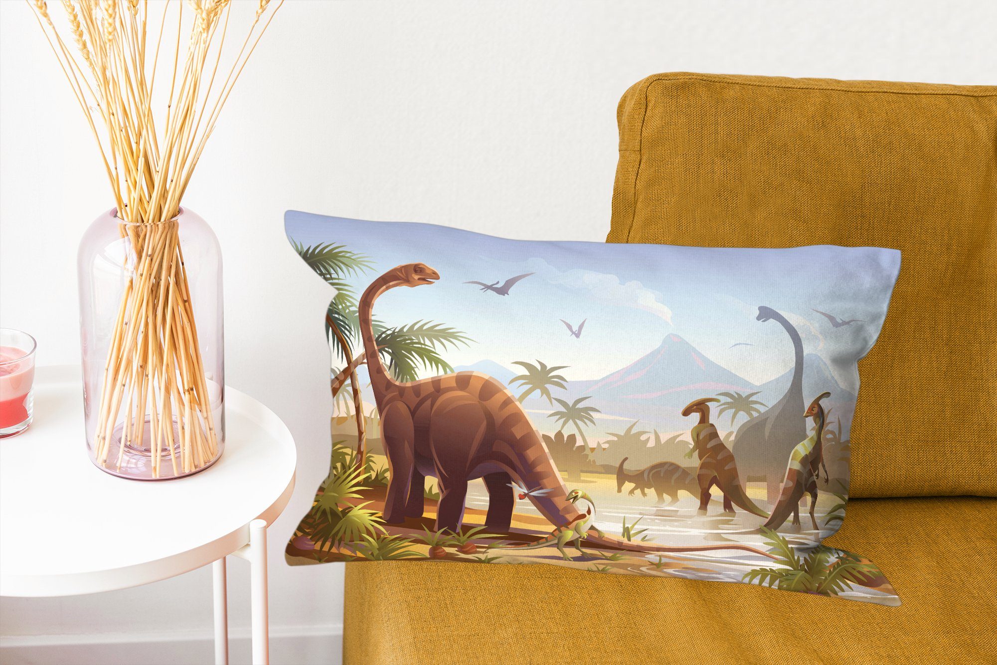 Dekoration, - - Dekokissen Zierkissen, MuchoWow Jungen, Kinder Füllung, Schlafzimmer mit - Wohzimmer Dinosaurier Landschaft Tropisch Dekokissen -