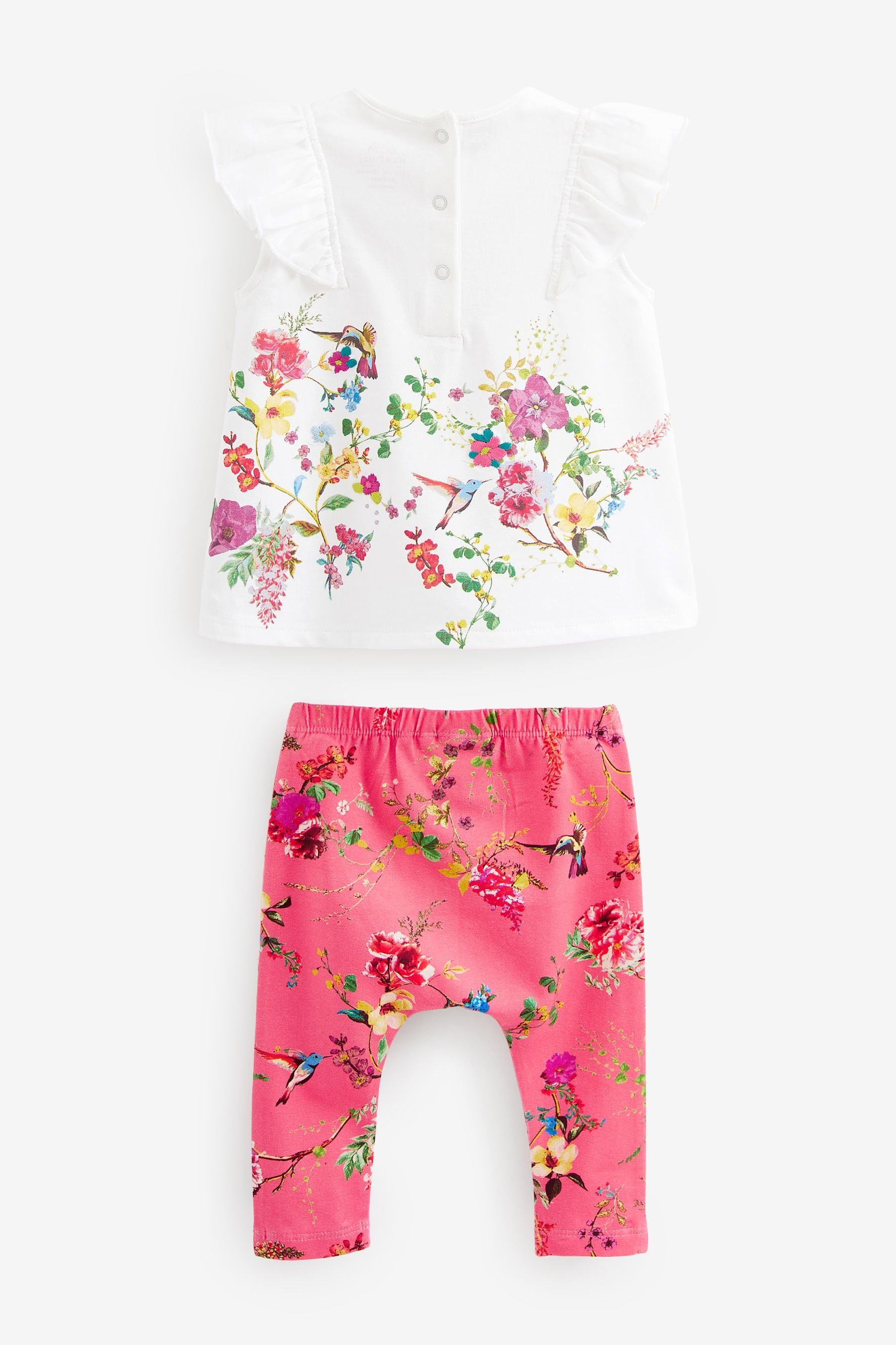 Next & 2er-Set Leggings Webmaterial Shirt aus (2-tlg) und Floral Coral/White Leggings Baby-T-Shirt