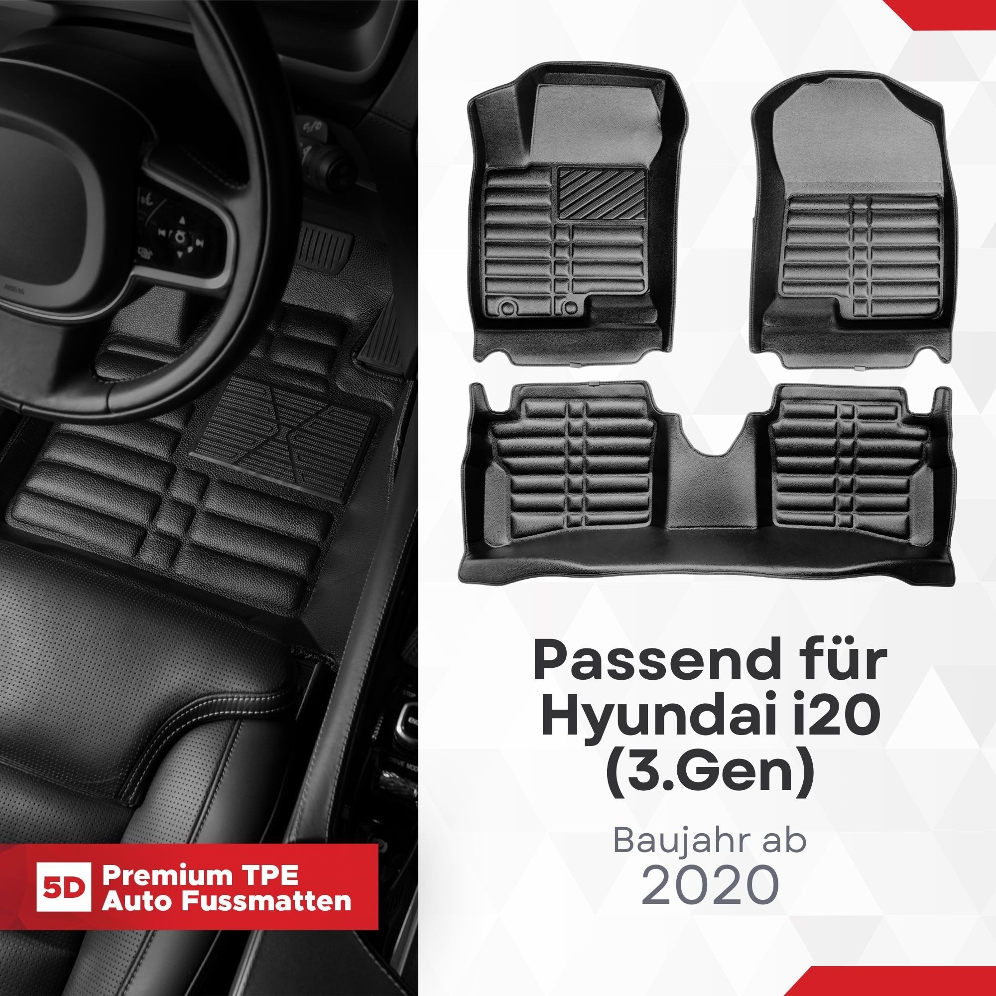 fussmattenprofi.com Auto-Fußmatte 5D Premium Auto Fußmatten TPE Set für Hyundai i20 (3.Gen) ab 2020 (1 St), für Hyundai Hyundai i20