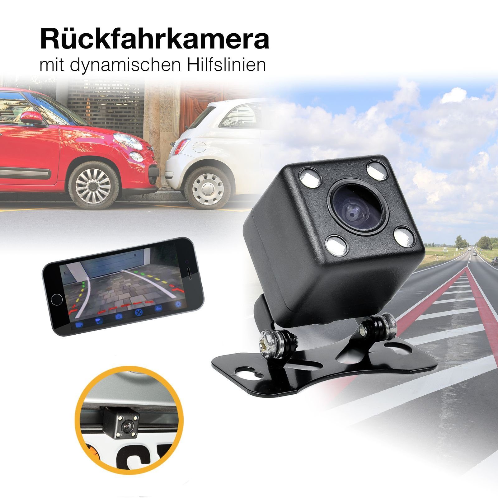 CARMATRIX CM-645 Rückfahrkamera (Auto Mini PKW, HD Kamera Unterbau Rückfahrkamera bewegliche Nachtischt, IR 170° PAL, Grad Parklinien Hilfslinien) dynamische